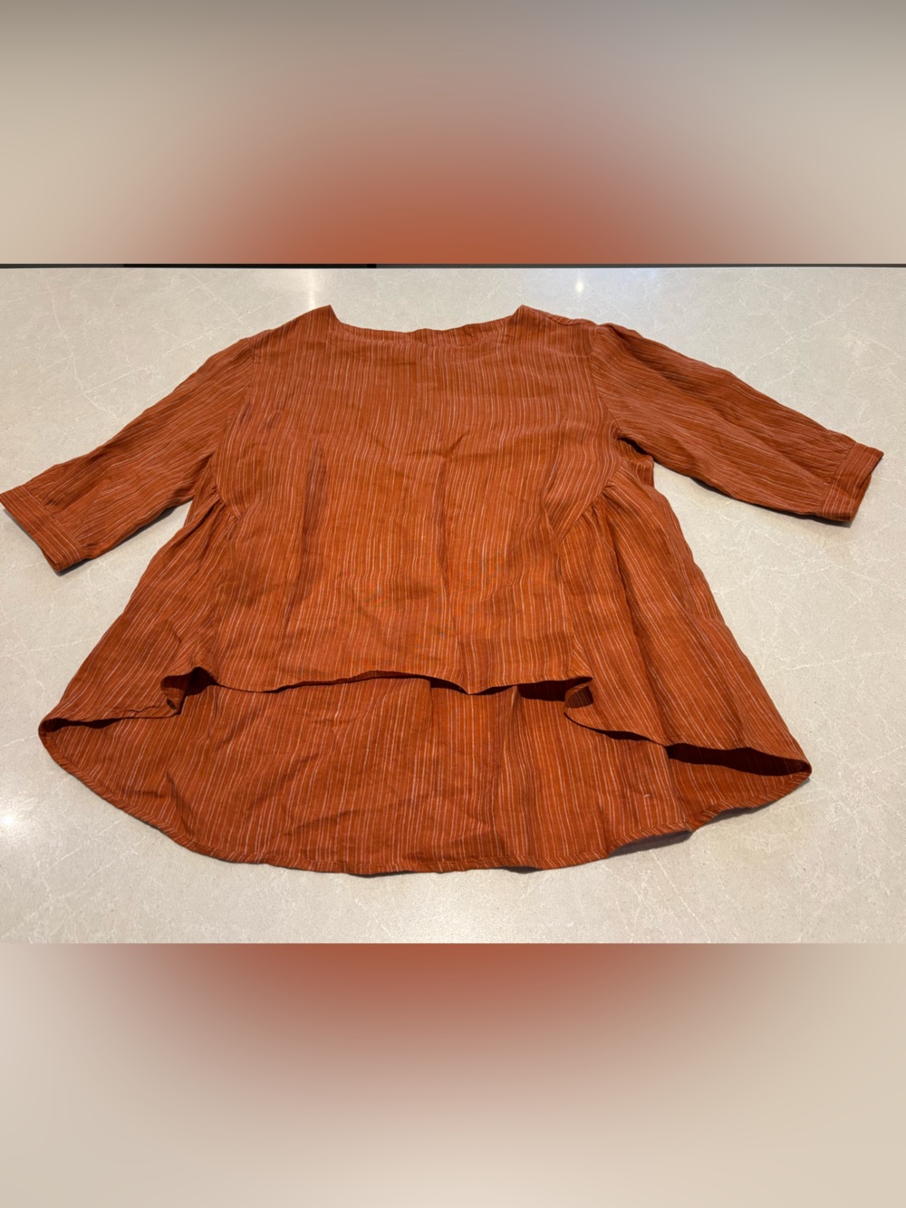 LINTICO Burnt Orange Terracotta Striped 100% Linen Peplum 3/4 Blouse Top Small
